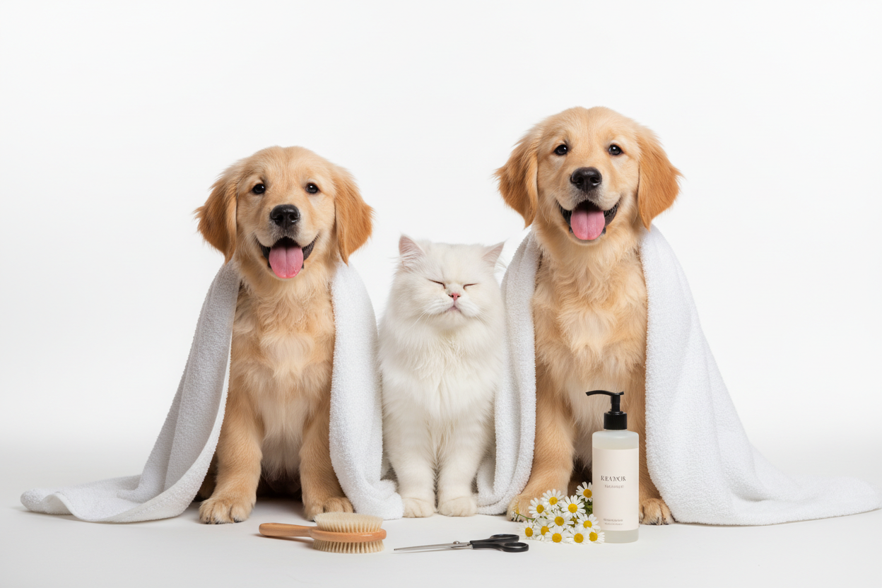 Groomed Puppies and Cat
