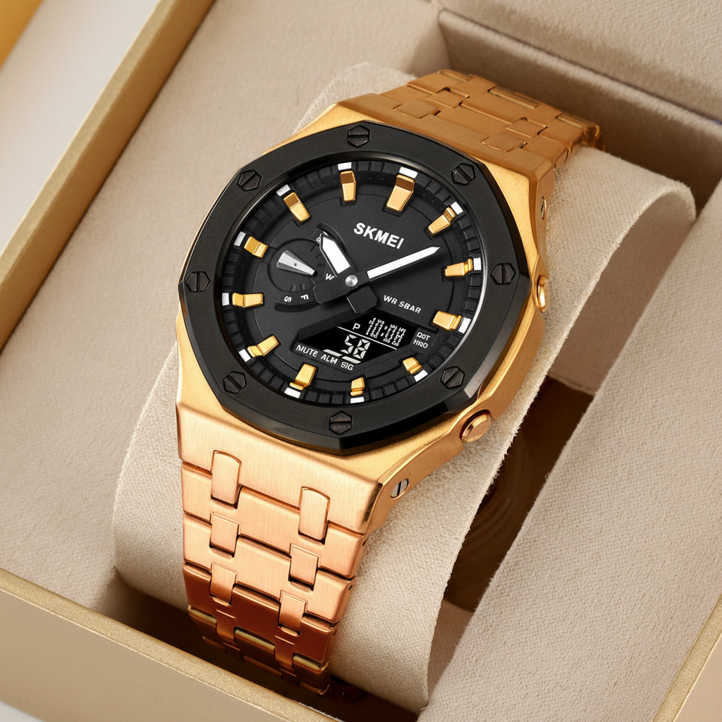 SKMEI rose gold and silver dual-display analog digital men's watch