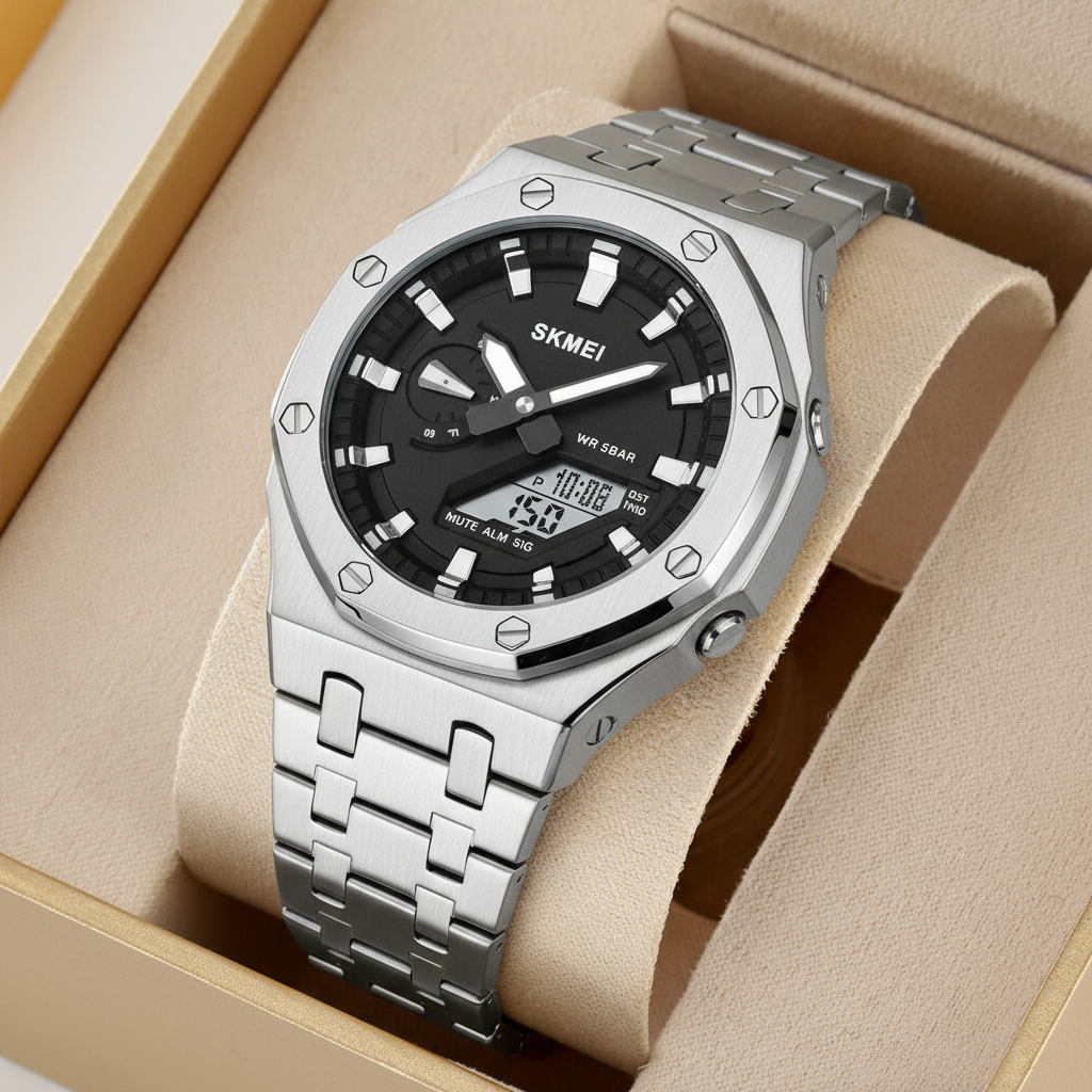 SKMEI silver stainless steel analog-digital dual display men's watch